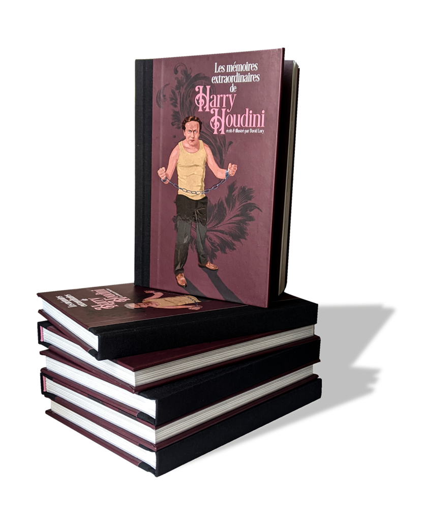 Pile de livres collector à la couverture bordeaux, sur la vie de Harry Houdini